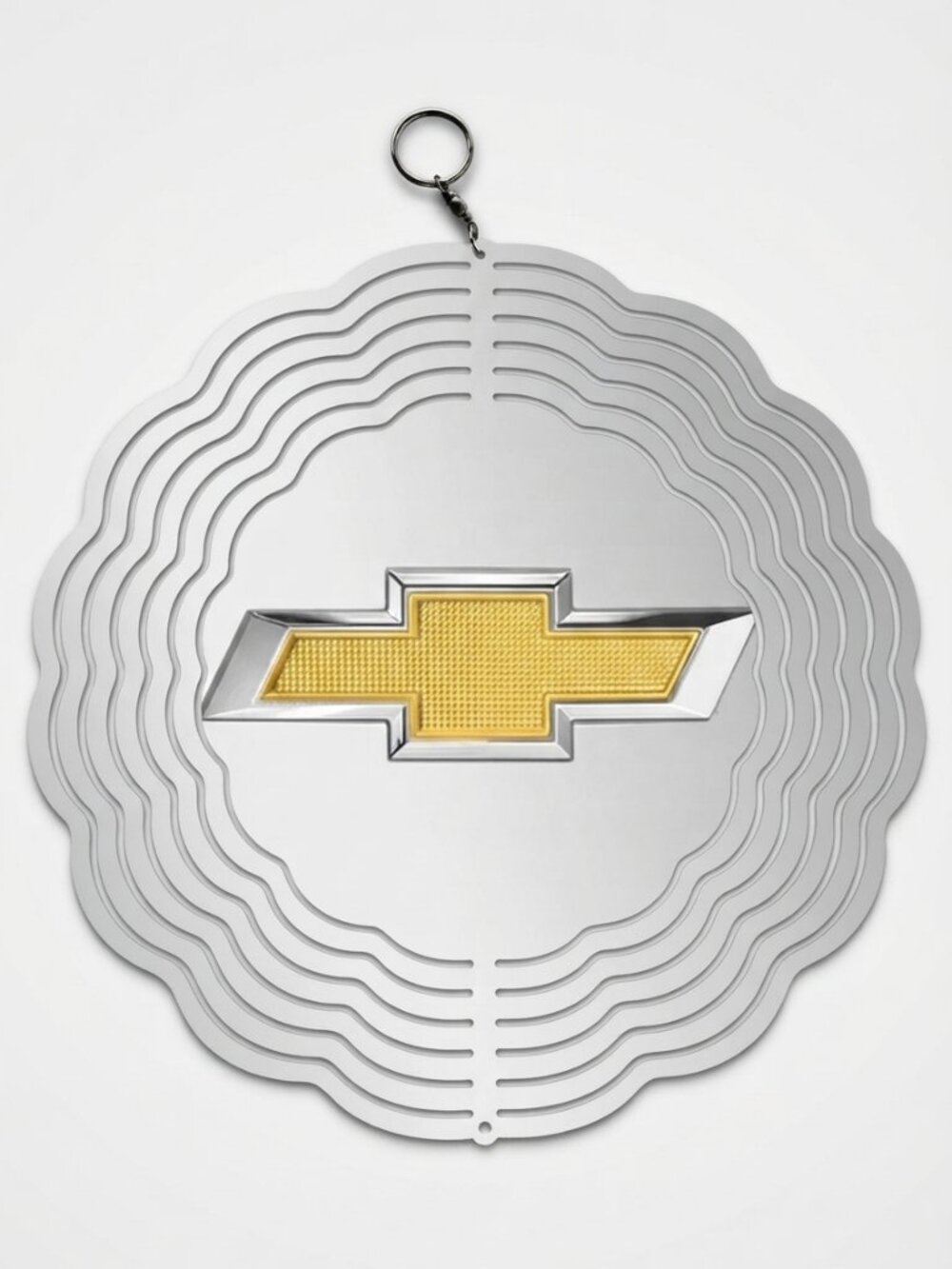 10" Chevy Gold Bowtie Kinetic Wind Spinner - Silver Metal Hanging Yard Decor